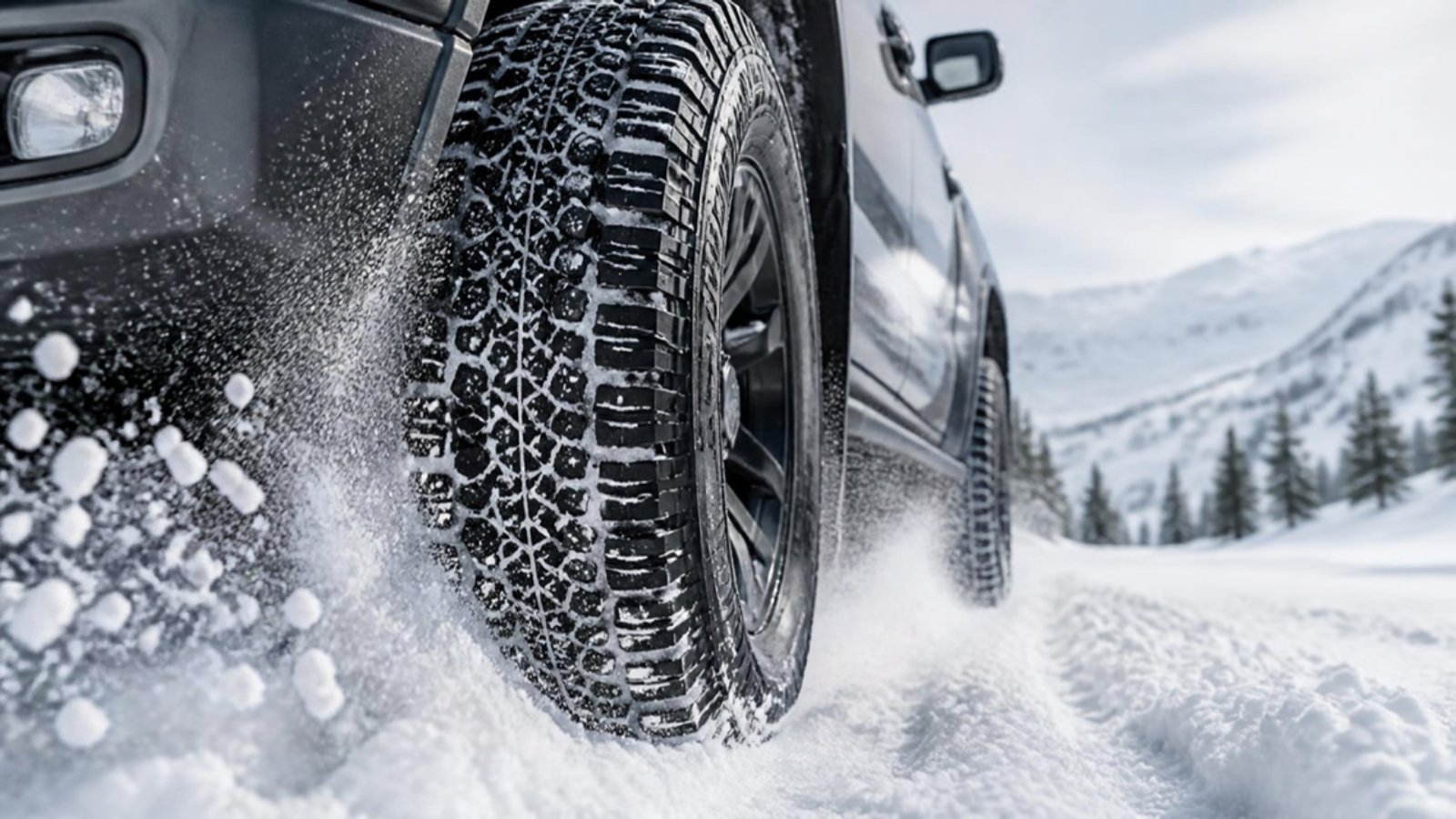 Winter tire tread rolling through fresh snow