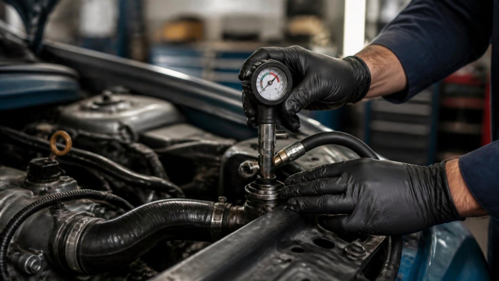 Technician pressure-testing a car cooling system