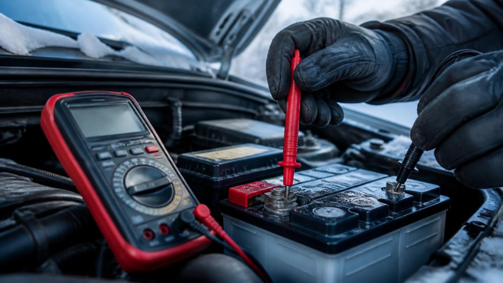 Multimeter testing a car battery's terminals