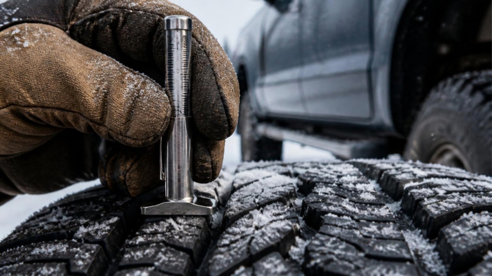 Measuring winter tire tread depth with a gauge