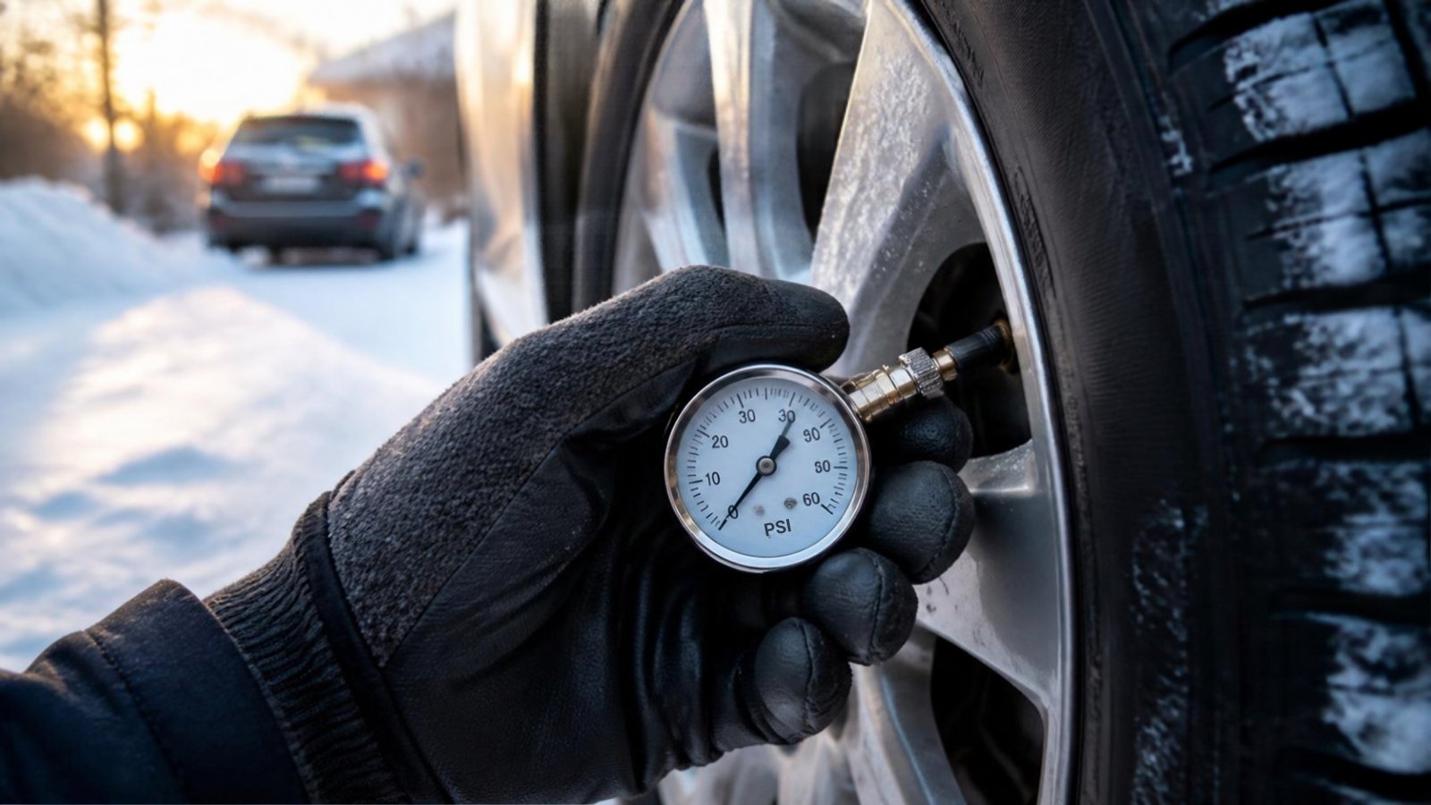 Checking tire pressure with a gauge on a cold morning