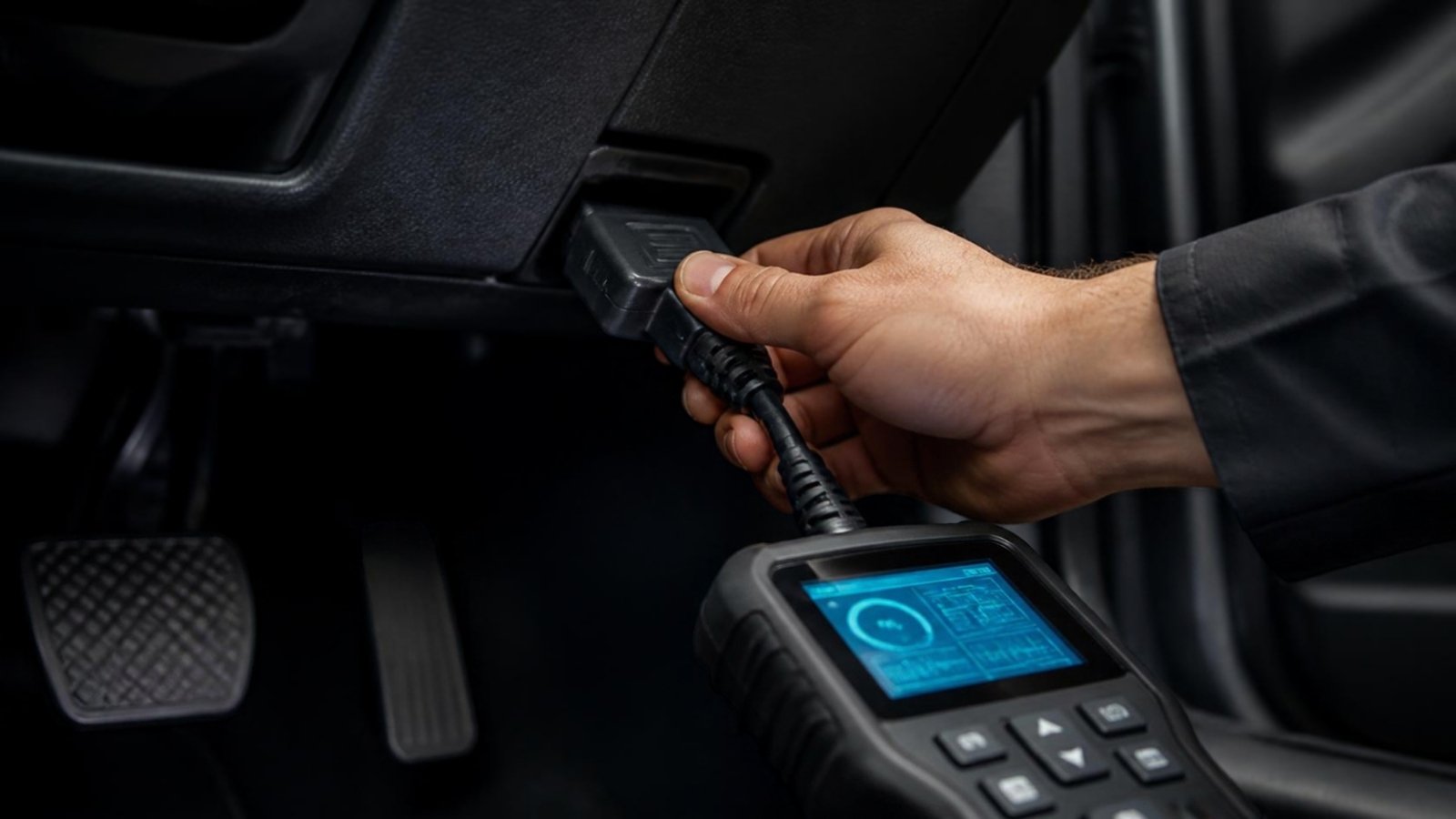 OBD-II scan tool plugged in under a dashboard